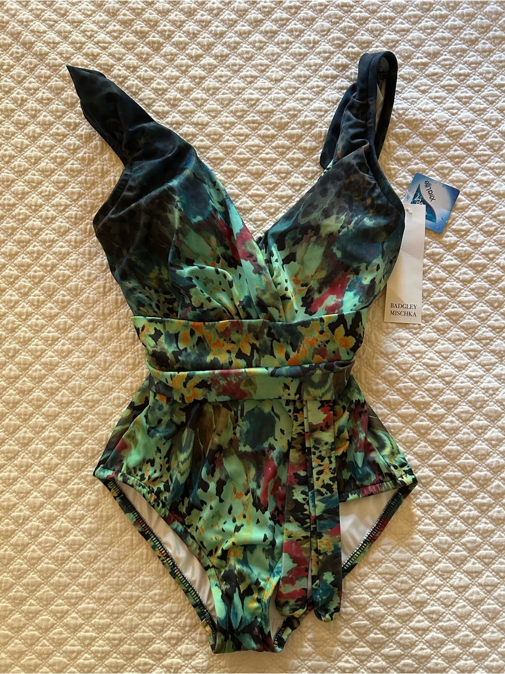 Badgley Mischka Teal Green Watercolor Floral One-Piece